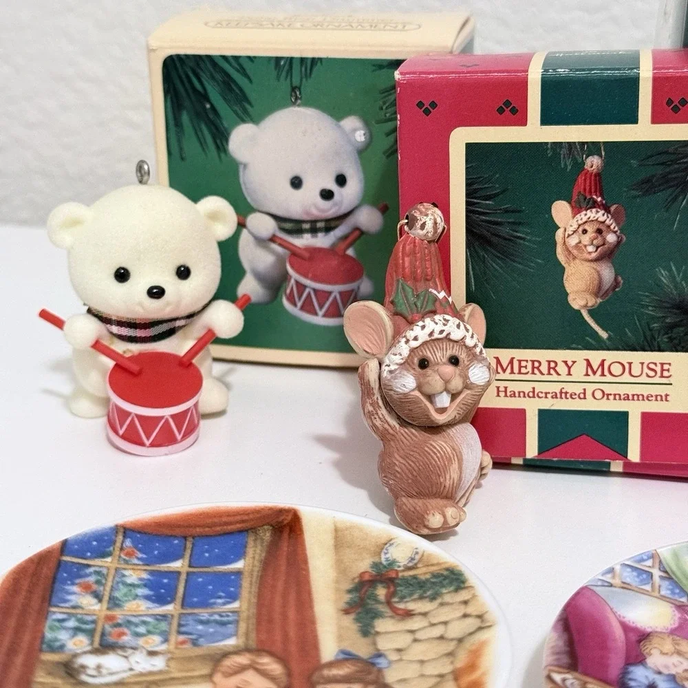 Vtg Hallmark Ornaments Lot Drummer Mouse Merry Bear Cookies Waiting Light Santa